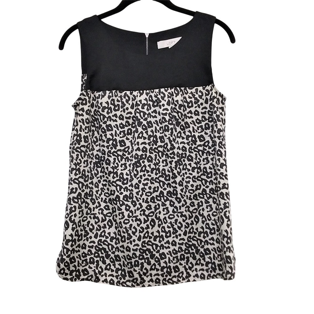 LOFT Womens Leopard Print Sleeveless Colorblock Blouse Black White XS Zip Back